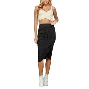 Hearts & Hips Wrapped Ruched Midi Skirt---Black